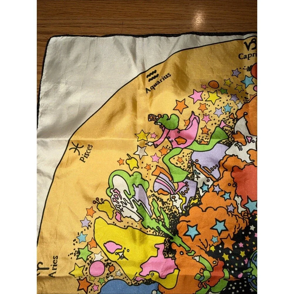Vtg Peter Max Zodiac Astrology Silk Scarf 21x21” 60s Psychedelic Retro Hippie